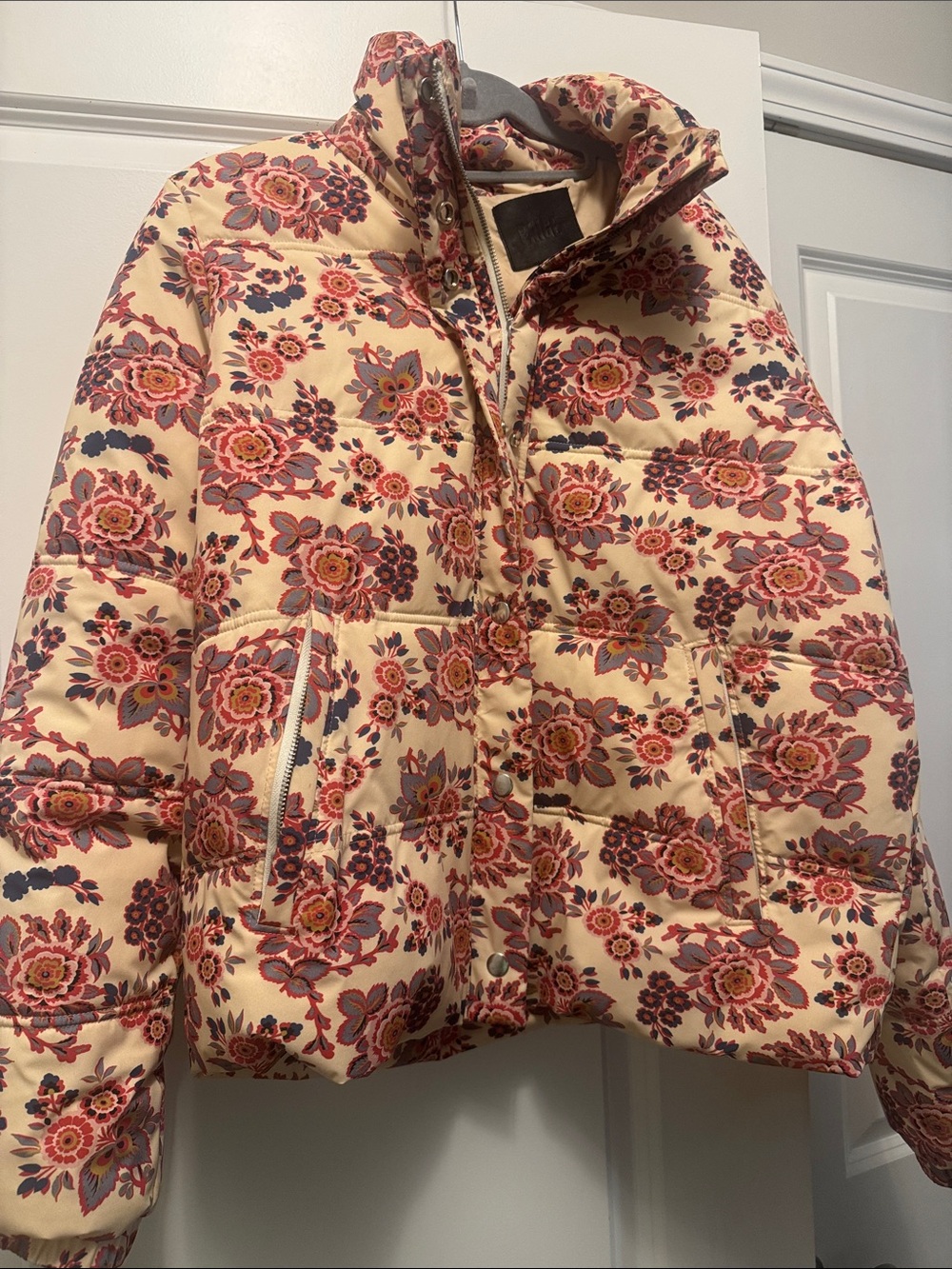 PAIGE Cream Floral Puffer Jacket with Pink Accents